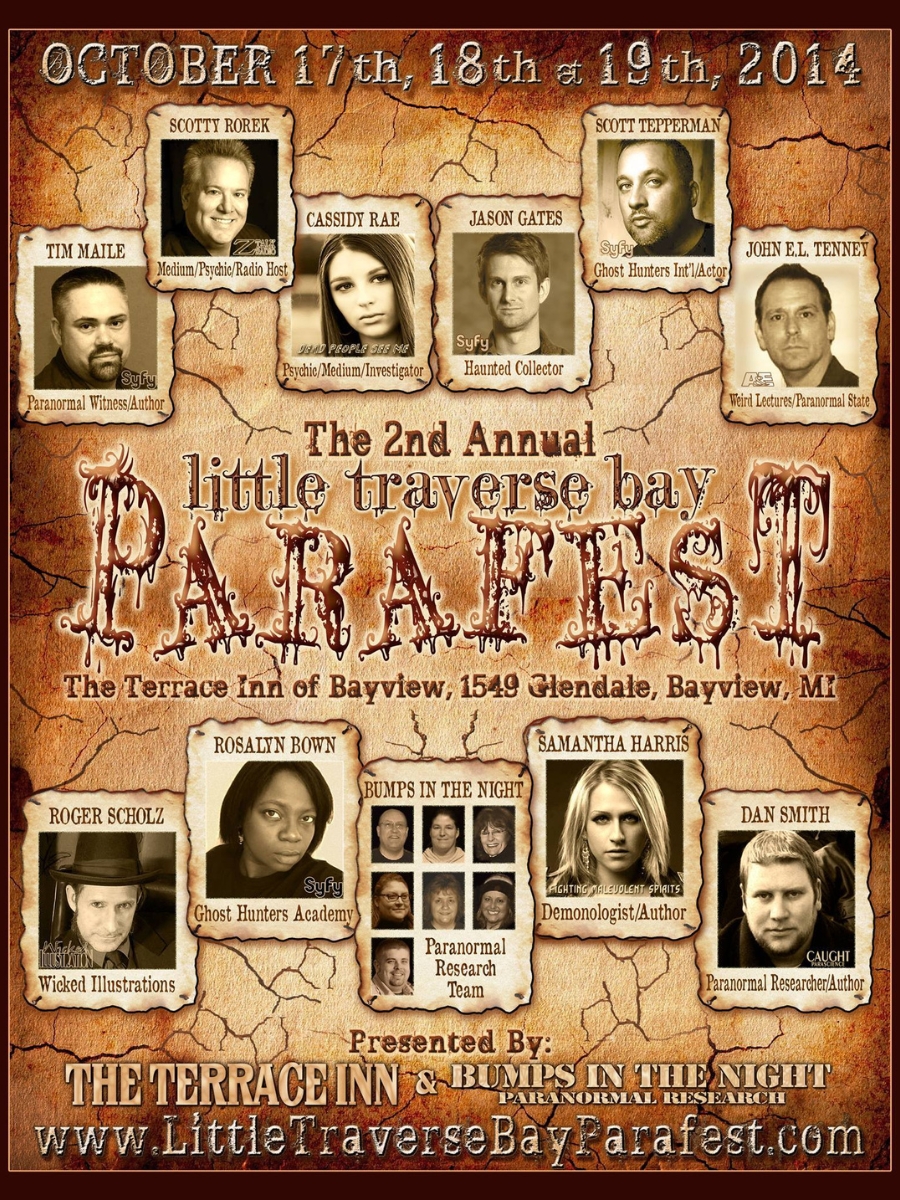 Little Traverse Bay Parafest 2014 poster featuring paranormal investigators, Ghost Hunters Academy alumni, and guest speakers at the Terrace Inn in Bayview, Michigan.