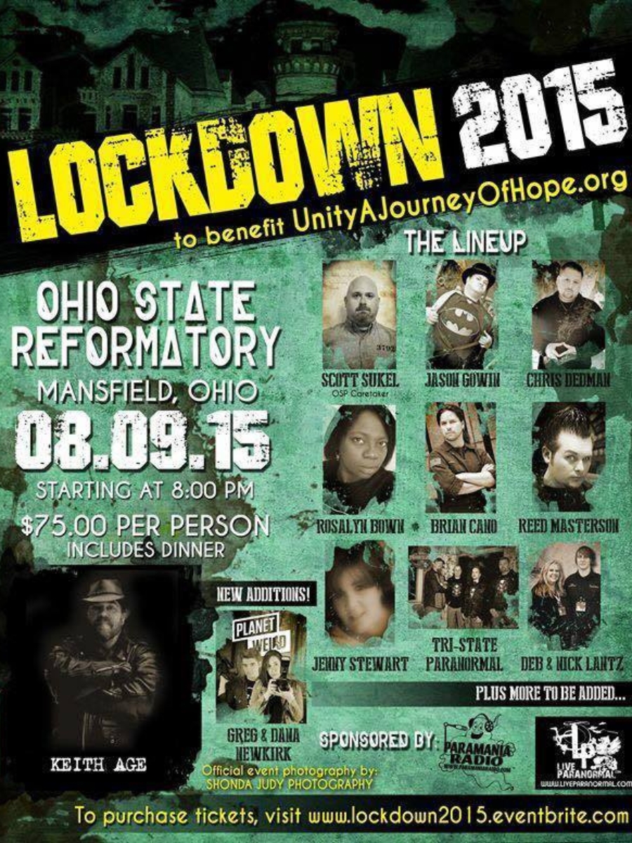 Lockdown 2015 paranormal event poster at the Ohio State Reformatory in Mansfield, Ohio featuring ghost hunters, investigators, and celebrity guests.