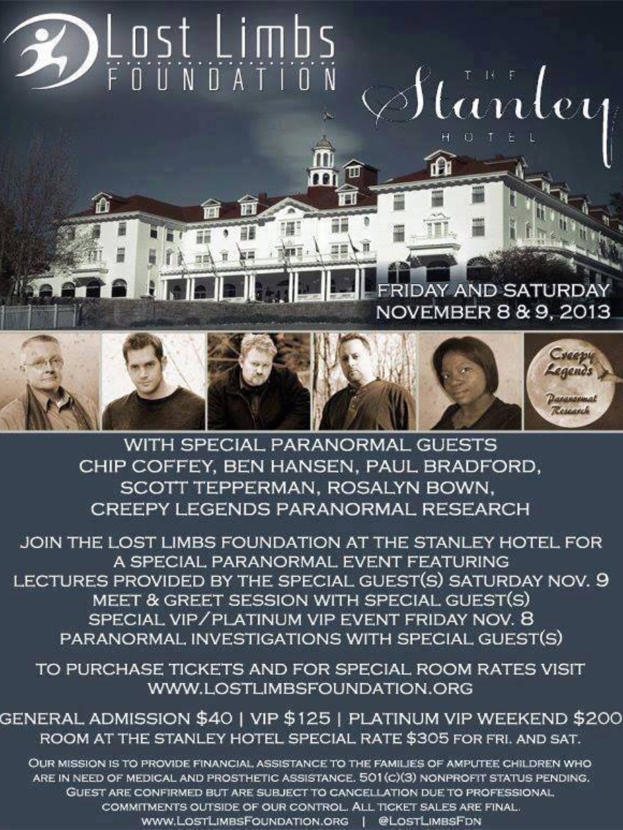 Lost Limbs Foundation paranormal charity event poster at the Stanley Hotel featuring special guests including Ben Hansen, Chip Coffey, and Rosalyn Bown.