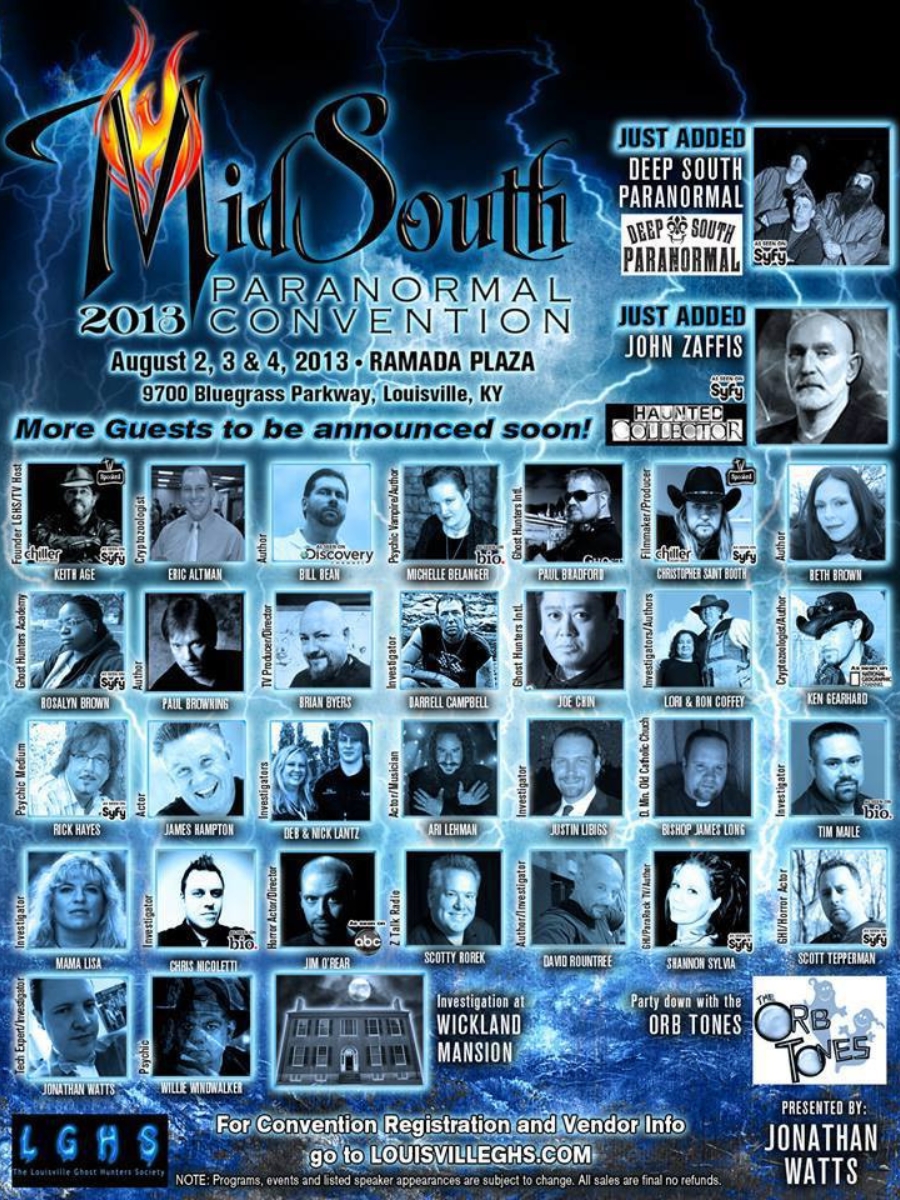 MidSouth Paranormal Convention 2013 poster in Louisville, Kentucky featuring paranormal investigators, authors, Ghost Hunters alumni, and celebrity guests.