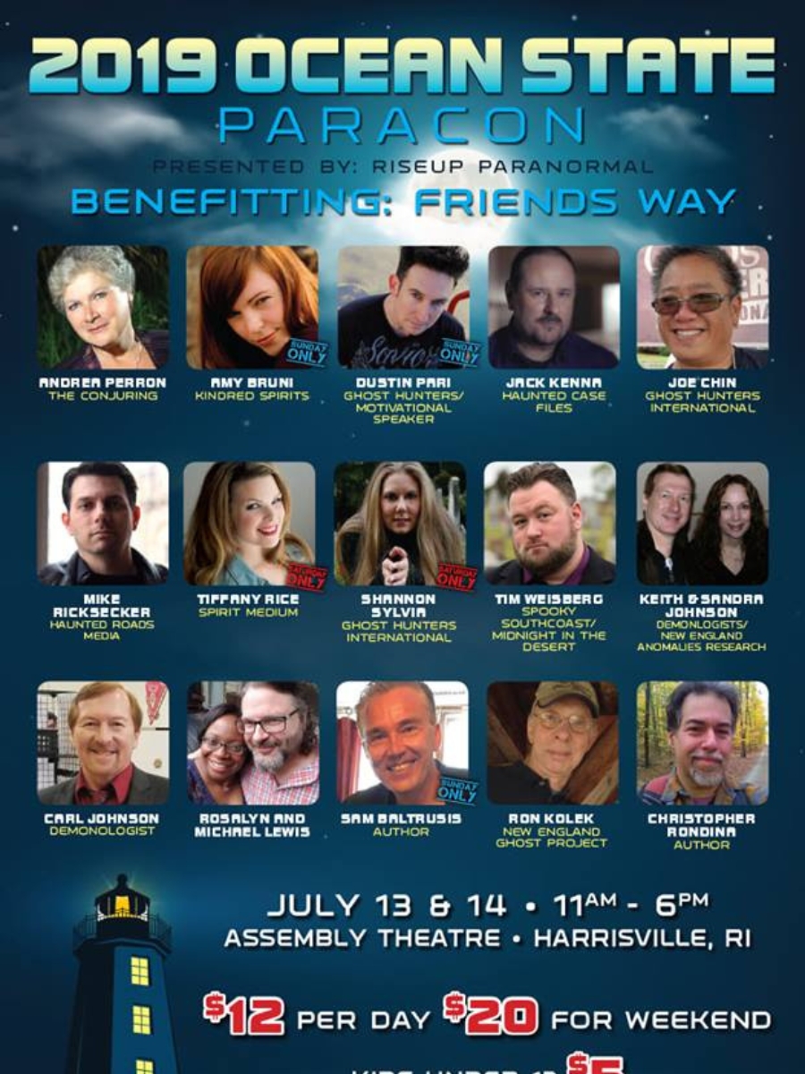 Ocean State Paracon 2019 event poster in Harrisville, Rhode Island featuring paranormal investigators, authors, and guests from paranormal television and podcasts.