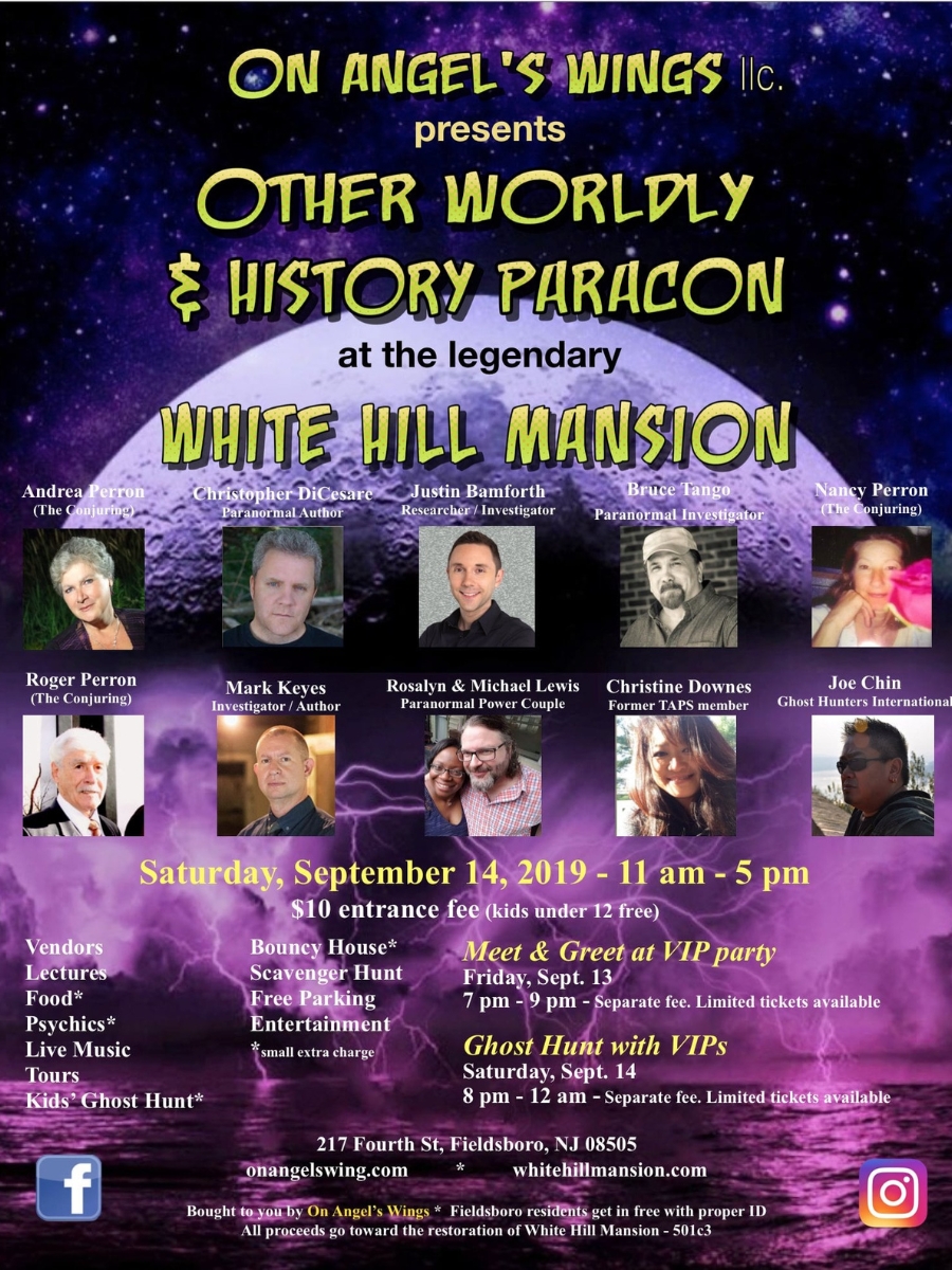 Other Worldly and History Paracon 2019 poster at White Hill Mansion featuring paranormal investigators, lectures, ghost hunts, and special guests including Rosalyn and Michael Lewis.