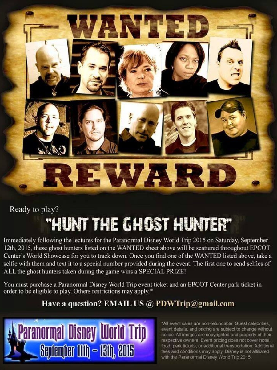 Paranormal Disney World Trip 2015 event poster featuring a ghost hunter scavenger hunt experience at EPCOT Center in Walt Disney World.