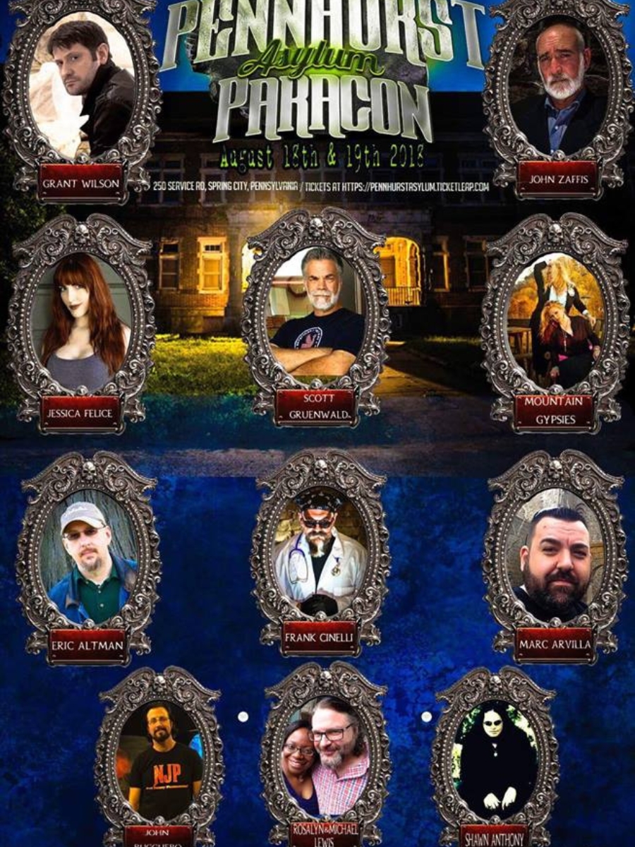 Pennhurst Asylum Paracon 2018 poster featuring paranormal investigators, authors, and celebrity guests at Pennhurst Asylum in Spring City, Pennsylvania.