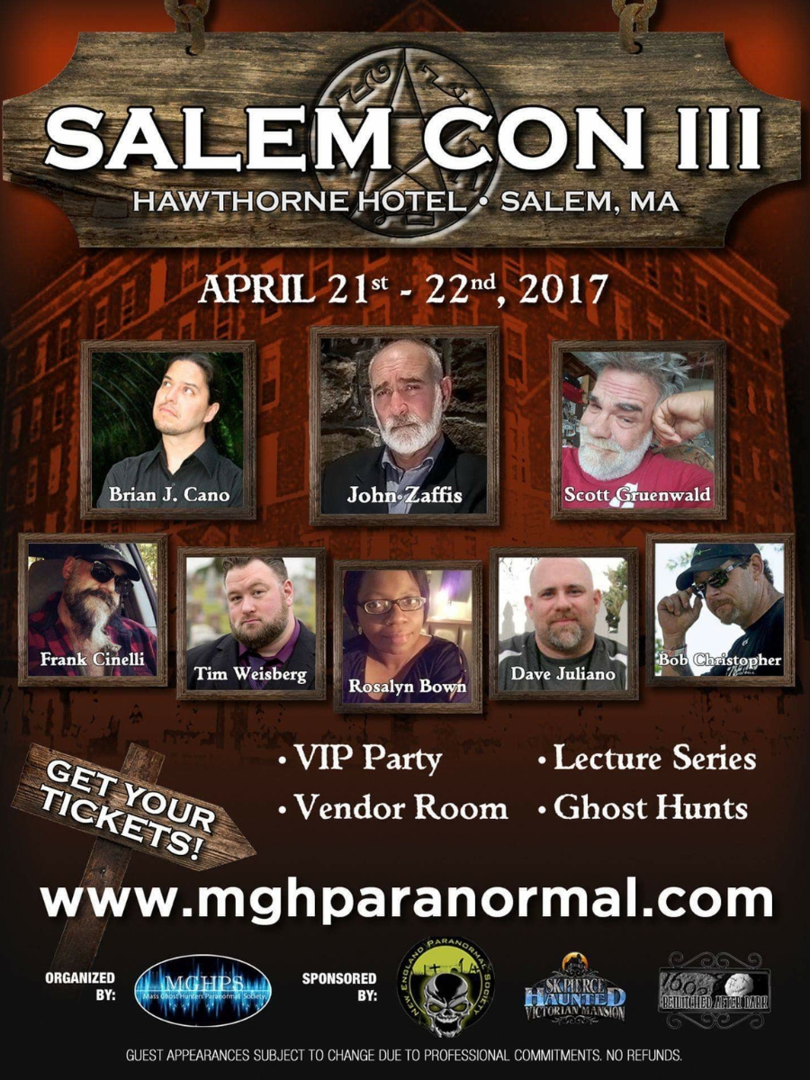 Salem Con III 2017 paranormal convention poster at the Hawthorne Hotel in Salem, Massachusetts featuring lectures, ghost hunts, and paranormal guests.