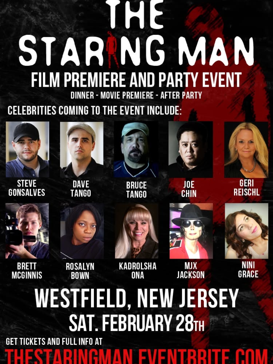 The Staring Man film premiere and paranormal event poster in Westfield, New Jersey featuring celebrity guests, paranormal investigators, and filmmakers.